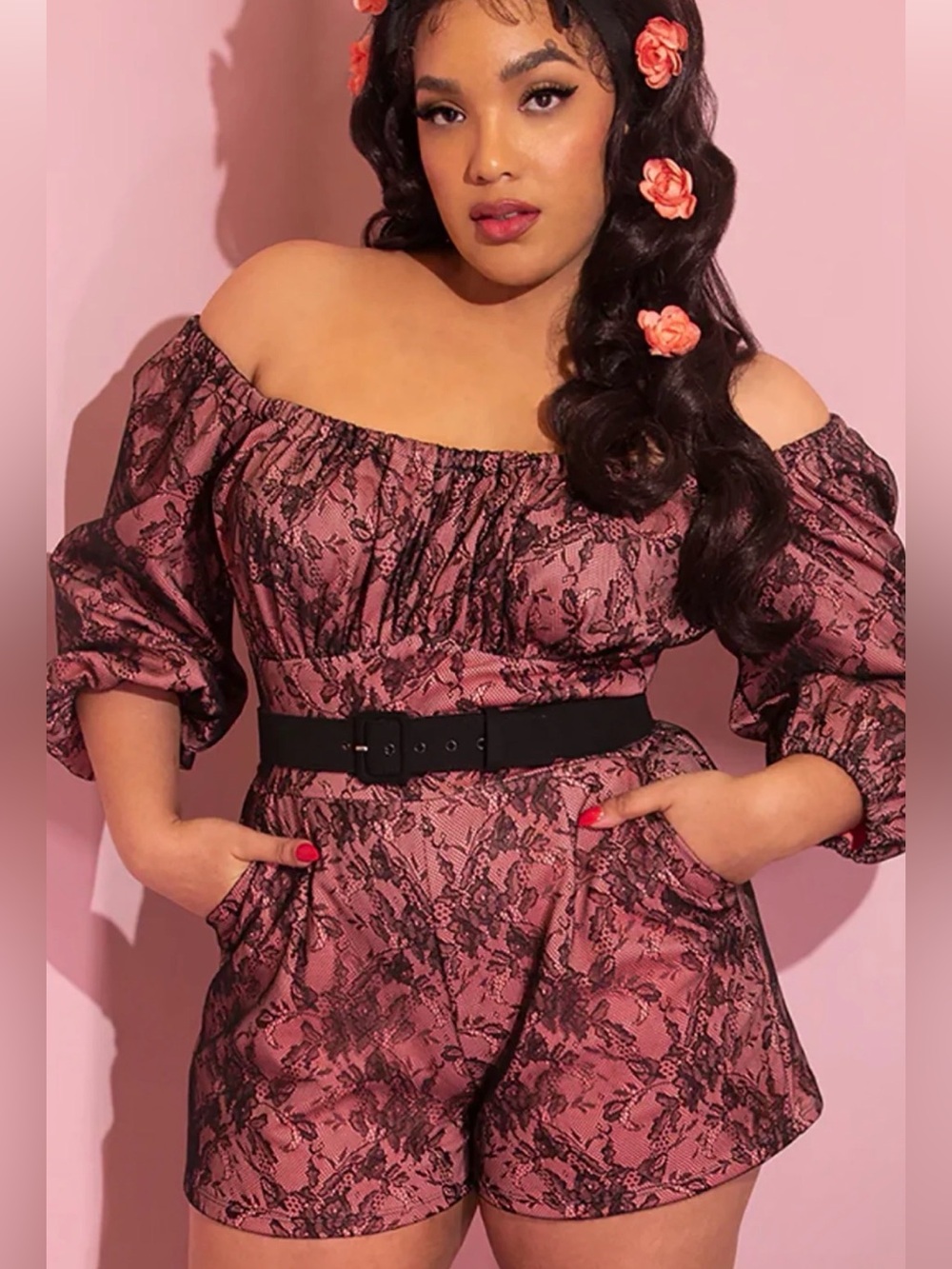 Vixen by Micheline Pitt Rose-Pink Lace Off-Shoulder Romper with Black Belt